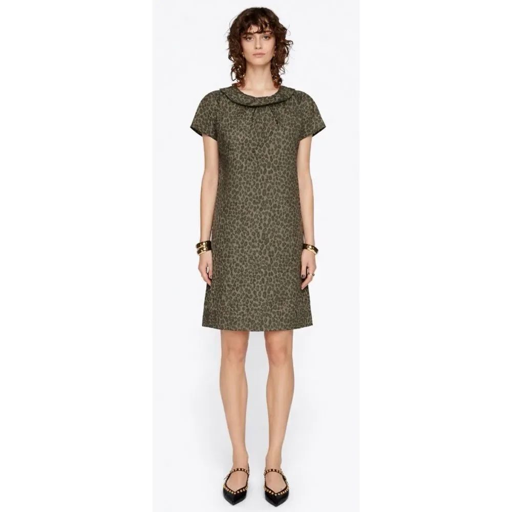 ANN MASHBURN Olive Leopard-Print Lightweight Nylon Shift Dress Size XS